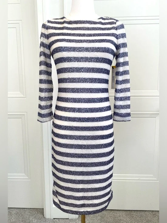 Alice + Olivia Navy & White Sequin Midi Dress NWT Size 6 Party Cocktail Wedding - Picture 2 of 11